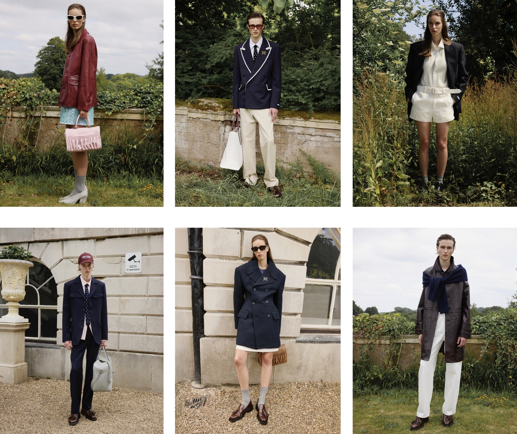 Models wearing Daniel Fletcher’s Mithridate Pre-Spring 2026 collection, showcasing a mix of tailored blazers, structured coats, pastel accents, and playful accessories against lush garden and estate backdrops, embodying a British summer aesthetic with global sophistication